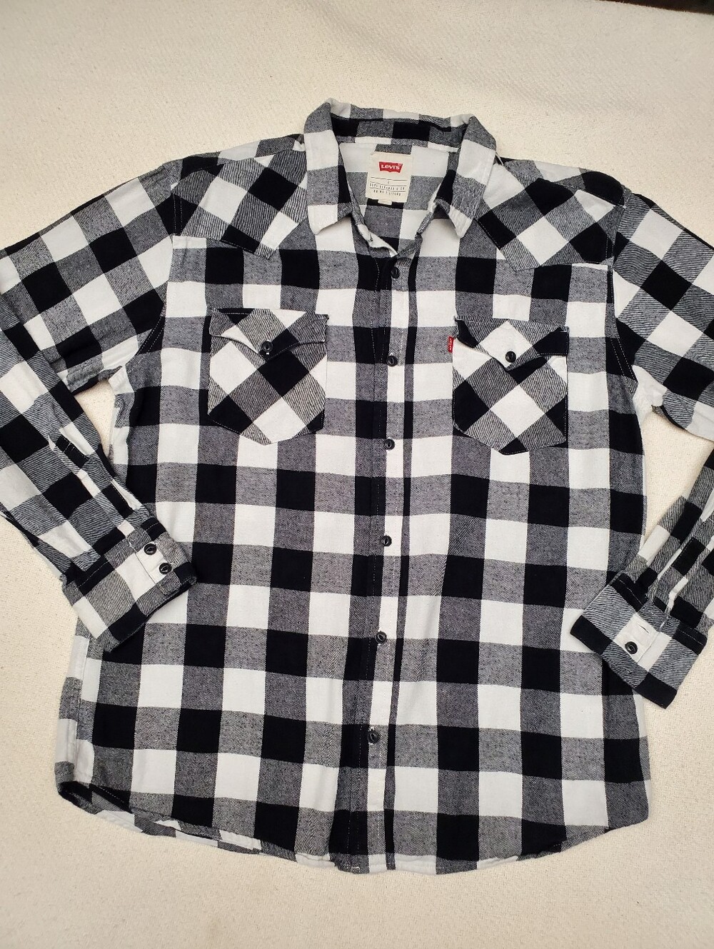 Levi's Women's Buffalo Plaid Flannel Shirt L Black White Snap Western